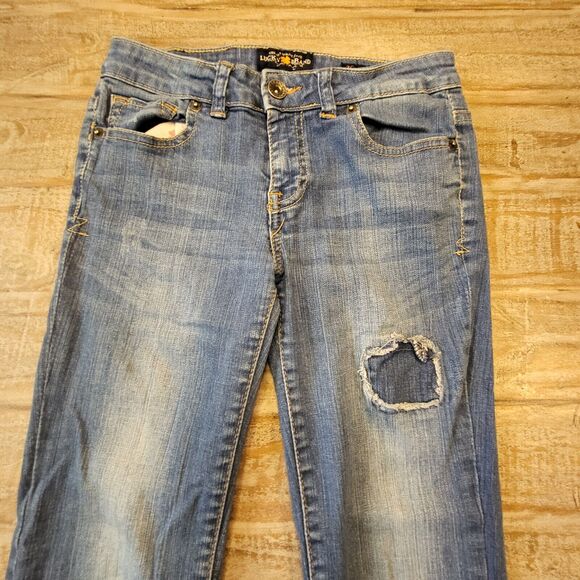 Lucky Brand Girls Jeans Sz 14 Zoe Jegging Style Distressed Stretch Patch Work - Picture 2 of 12